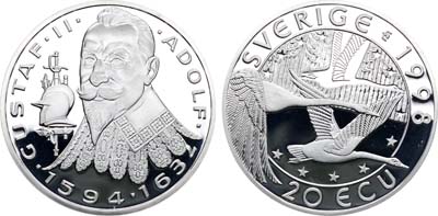 Лот №509,  Королевство Швеция. 20 экю 1998 года. Король Густав III Адольф (1594-1632).
