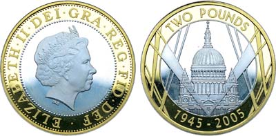 Лот №85,  Великобритания. Королева Елизавета II. 2 фунта 2005 года. 60 лет окончания Второй мировой войны.
