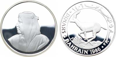 Лот №227,  Королевство Бахрейн. Король Иса ибн Салман Аль Халифа. 5 динаров 1986 года. 25-летие Всемирного фонда дикой природы.