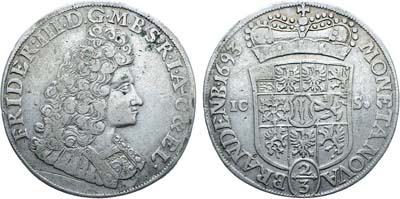 Лот №251,  Германия. Курфюршество Бранденбург. Курфюрст Фридрих III. 2/3 талера 1693 года (ICS).