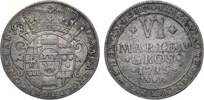 Лот №252,  Германия. Мюнстерское княжество-епископство. Князь-епископ Франц Арнольд фон Вольф-Меттерних цур Грахт. 6 мариенгрошей (1/6 талера) 1715 года.