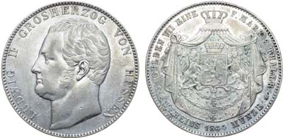 Лот №266,  Германия. Великое герцогство Гессен-Дармштадт. Великий герцог Людвиг II. 2 талера 1844 года.