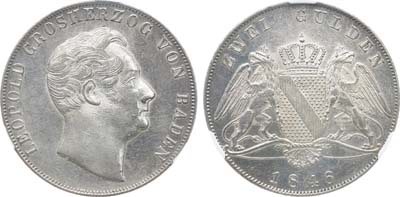 Лот №268,  Германия. Великое герцогство Баден. Великий герцог Леопольд. 2 гульдена 1846 года. В слабе CPRC AU 58.
