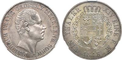 Лот №270,  Германия. Великое Герцогство Мекленбург-Шверин. Великий Герцог Фридрих Франц. Талер 1848 года. В слабе CPRC MS 63.