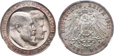 Лот №289,  Германская империя. Королевство Вюртемберг. Король Вильгельм II. 3 марки 1911 года. В слабе CPRC MS 64.