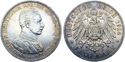 Лот №293,  Германская империя. Королевство Пруссия. Король Вильгельм II. 5 марок 1914 года.
