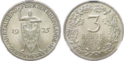 Лот №297,  Германия. Веймарская республика. 3 рейхсмарки 1925 года. В слабе CPRC MS 63.