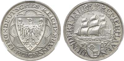 Лот №299,  Германия. Веймарская республика. 3 рейхсмарки 1927 года. В слабе CPRC MS 63.