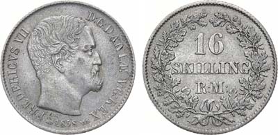 Лот №308,  Королевство Дания. Король Фредерик VII. 16 скиллингов 1858 года.