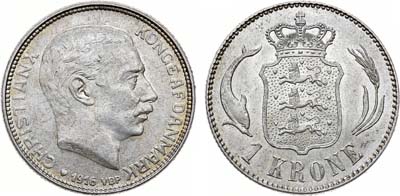 Лот №309,  Королевство Дания. Король Кристиан Х. 1 крона 1916 года.