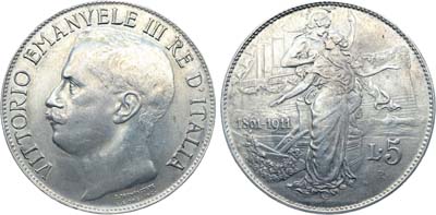 Лот №325,  Королевство Италия. Король Виктор Эммануил III. 5 лир 1911 года.