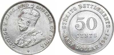 Лот №372,  Стрейтс-Сетлментс. Колония. Король Георг V. 50 центов 1920 года.