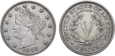 Лот №375,  США. 5 центов 1883 года. 