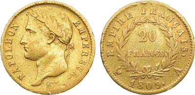 Лот №407,  Франция. Император Наполеон I. 20 франков 1809 года.