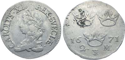 Лот №454,  Королевство Швеция. Король Карл XI. 2 марки 1671 года.