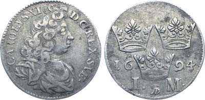 Лот №455,  Королевство Швеция. Король Карл XI. 1 марка 1694 года.