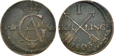 Лот №457,  Королевство Швеция. 1 скиллинг 1803 года. Перечекан из 2 эре XVIII века.