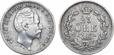 Лот №459,  Королевство Швеция. Король Оскар I. 25 эре 1859 года.
