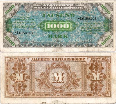 Лот №157,  Оккупация Германии. Союзные военные власти. Для Советской зоны оккупации. 1000 марок выпуск 1944 года.