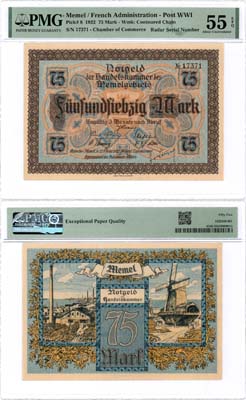 Лот №582,  Литва. Мемель (Клайпеда). Французская администрация. 75 марок 1922 года. В слабе PMG 55 EPQ About Uncirculated.