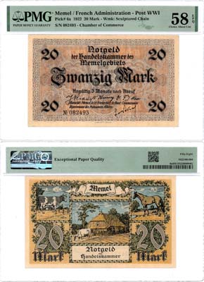Лот №583,  Литва. Мемель (Клайпеда). Французская администрация. 20 марок 1922 года. В слабе PMG 58 EPQ Choice About Unc.
