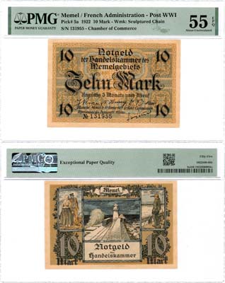 Лот №584,  Литва. Мемель (Клайпеда). Французская администрация. 10 марок 1922 года. В слабе PMG 55 EPQ About Uncirculated.