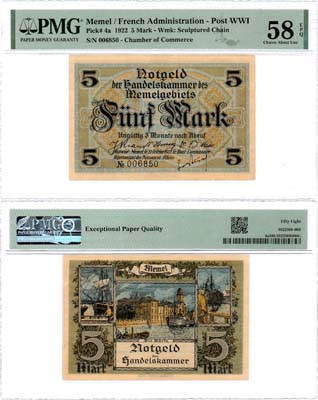 Лот №585,  Литва. Мемель (Клайпеда). Французская администрация. 5 марок 1922 года. В слабе PMG 58 EPQ Choice About Unc.