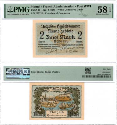 Лот №586,  Литва. Мемель (Клайпеда). Французская администрация. 2 марки 1922 года. В слабе PMG 58 EPQ Choice About Unc.