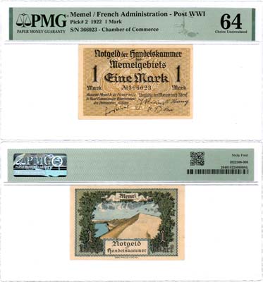 Лот №587,  Литва. Мемель (Клайпеда). Французская администрация. 1 марка 1922 года. В слабе PMG 64 Choice Uncirculated.