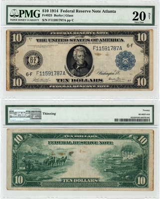 Лот №609,  США. 10 долларов 1914 года. В слабе PMG 20 NET Very Fine.