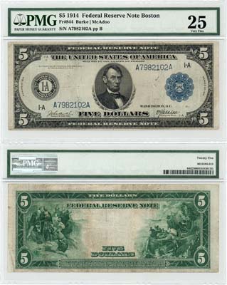 Лот №610,  США. 5 долларов 1914 года. В слабе PMG 20 Very Fine.