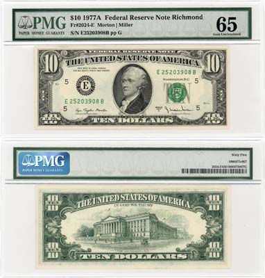 Лот №616,  США. 10 долларов 1977 года (А). В слабе PMG 65 Gem Uncirculated.