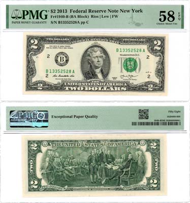 Лот №620,  США. 2 доллара 2013 года. В слабе PMG 58 About Unc.