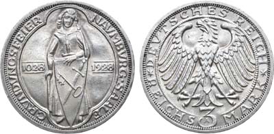 Лот №139,  Германия. Веймарская республика. 3 рейхсмарки 1928 года. В слабе ННР MS 62.