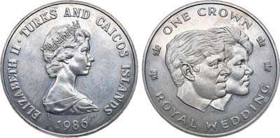 Лот №248,  Тёркс и Кайкос. Британская заморская территория. Королева Елизавета II. 1 крона 1986 года. Свадьба Принца Эндрю и Сары Маргарет Фергюсон.
