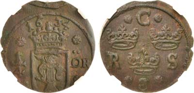 Лот №285,  Королевство Швеция. Королева Кристина. 1 эре 1634 года. В слабе ННР MS 62 BN.