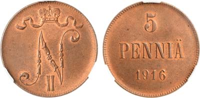 Лот №1103, 5 пенни 1916 года. В слабе CPRC MS 64 RB.