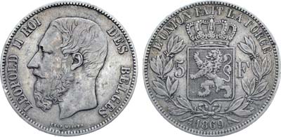 Лот №178,  Бельгия. Королевство. Король Леопольд II. 5 франков 1869 года.