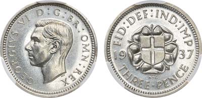 Лот №194,  Великобритания. Король Георг VI. 3 пенса 1937 года. В слабе CPRC PF 64.