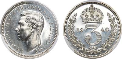 Лот №195,  Великобритания. 3 пенса 1940 года. В слабе CPRC MS 65.