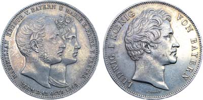 Лот №226,  Германия. Империя. Королевство Бавария. Король Людвиг I. 2 талера 1842 года. Свадьба наследного принца Максимилиана и Марии принцессы Прусской.
