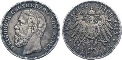 Лот №230,  Германия. Империя. Великое герцогство Баден. Великий герцог Фридрих. 5 марок 1898 года.