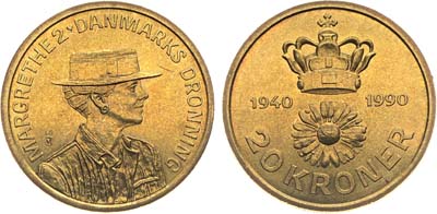 Лот №256,  Дания. Королевство. Королева Маргрете II. 20 крон 1990 года.  50 лет со дня рождения Королевы Маргрет II.