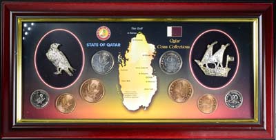 Лот №269,  Катар. Эмират. Правитель Хамад бин Халифа. Набор из 4 монет (5, 10, 25, 50 дирхам) 2006-2008 гг. в рамке.