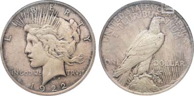 Лот №338,  США. 1 доллар 1922 года. В слабе ЕСС AU 53.