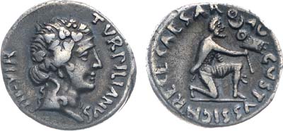 Лот №40,  Римская республика. Публий Петроний Турпилиан. Денарий 19 года до н.э.