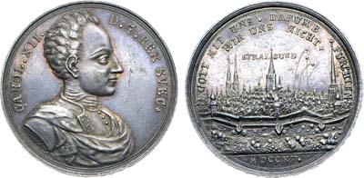 Лот №420,  Швеция. Королевство. Король Карл XII. Медаль 1715 года. В память обороны Штральзунда.