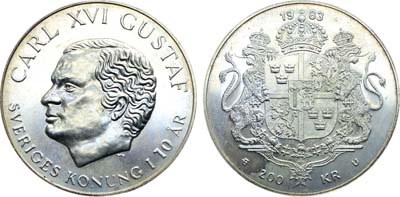 Лот №428,  Швеция. Королевство. Король Карл XVI Густав. 200 крон 1983 года. 10 лет правления Карла XVI Густава.