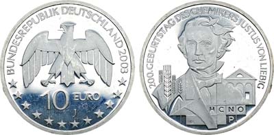 Лот №102,  Германия. Федеративная Республика. 10 евро 2003 года. Юстус фон Либих.