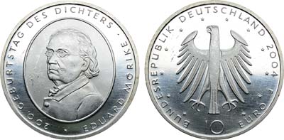 Лот №104,  Германия. Федеративная Республика. 10 евро 2004 года.  200 лет со дня рождения Эдуарда Мёрике.
